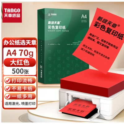 天章(TANGO)新绿天章A4 大红色 彩色复印纸 打印凭证纸 多色彩纸卡纸非硬 儿童手工折纸剪纸70g 500张